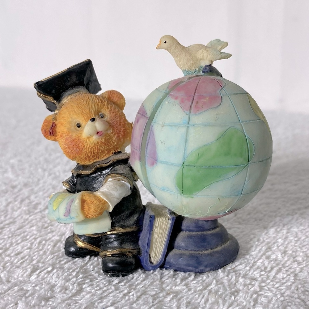 Vintage Graduation Teddy Bear & Globe Figurine Collectible